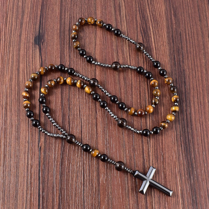 Catholic Christ Rosary Necklaces Hematite Cross Pendant