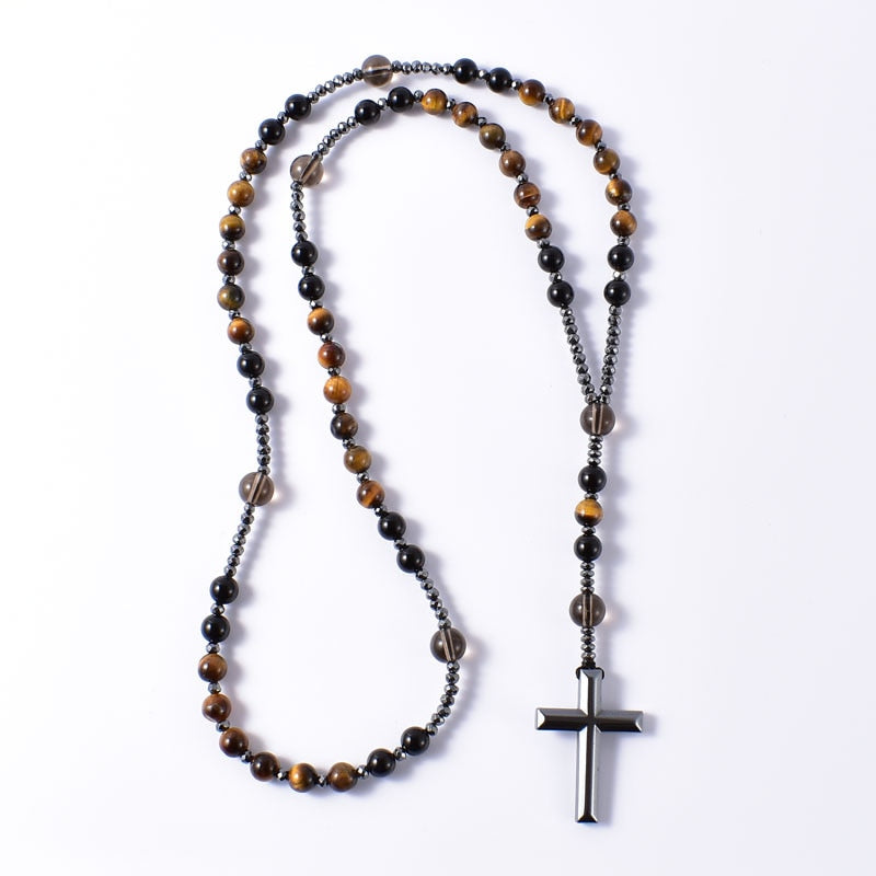 Catholic Christ Rosary Necklaces Hematite Cross Pendant