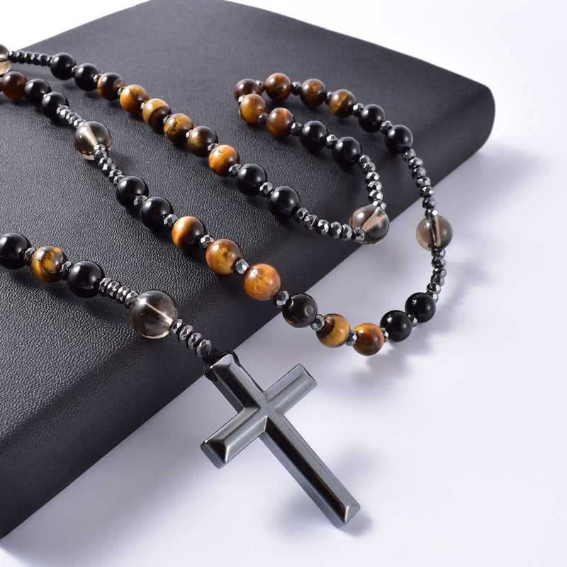 Catholic Christ Rosary Necklaces Hematite Cross Pendant