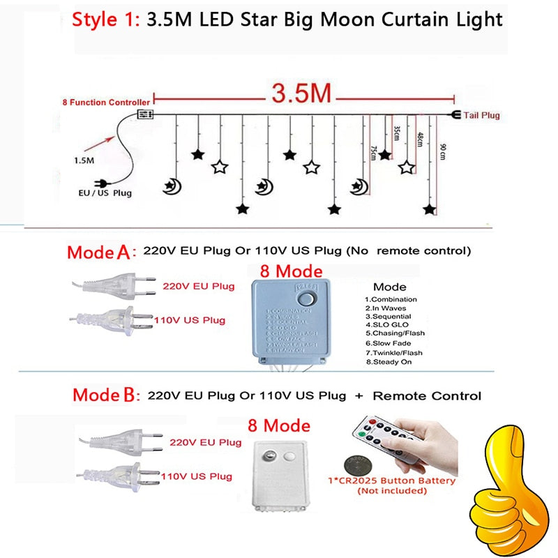 Star Moon Led Curtain Garland String Light