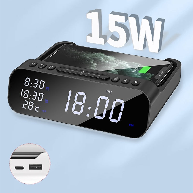 15W Wireless Charger Alarm Clock Bluetooth Speaker